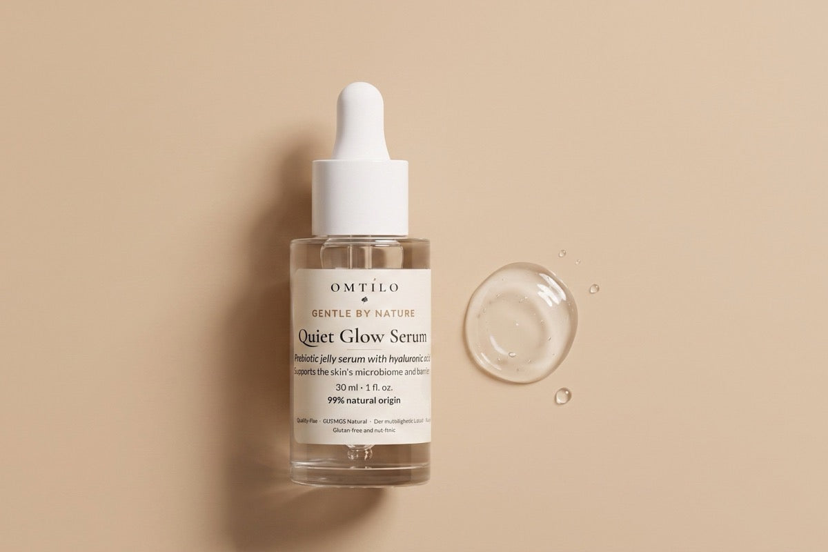 The OMTILO Quiet Glow Serum with a glossy clear jelly droplet on a warm beige surface