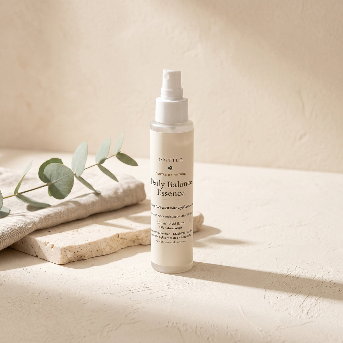 Daily Balance Mist styled on linen with eucalyptus