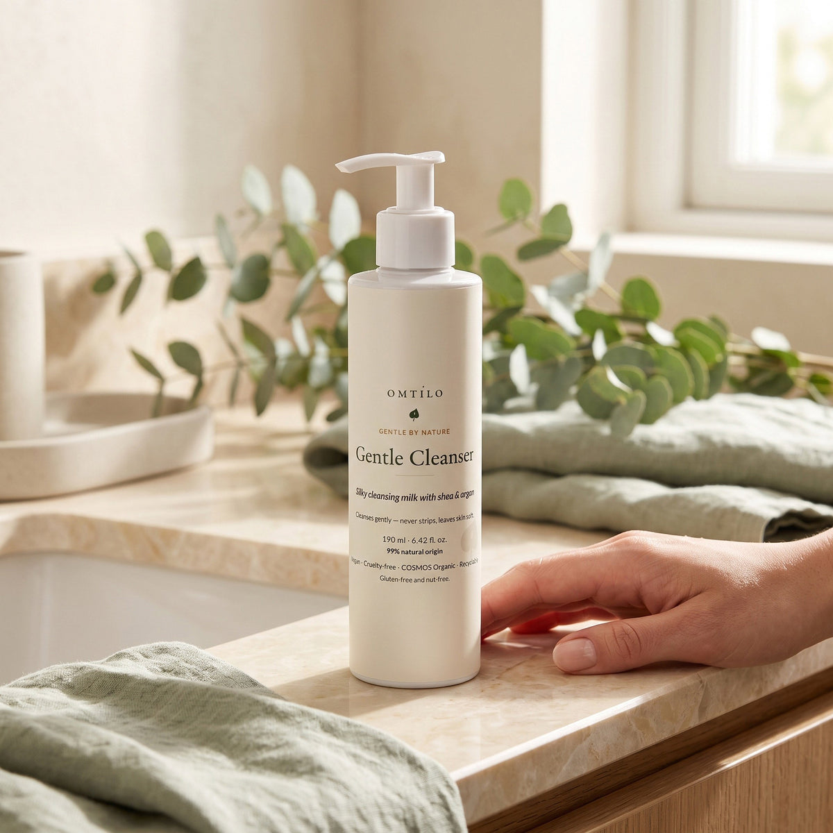 Gentle Cleanser in hand on vanity