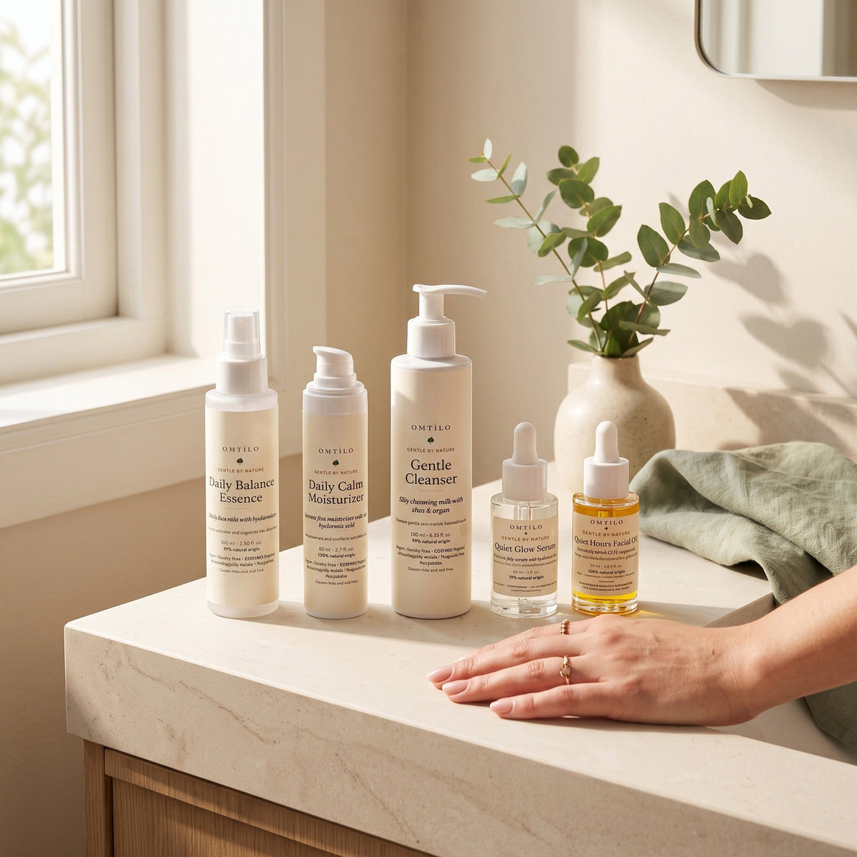 The Gentle Ritual Set on a bathroom vanity