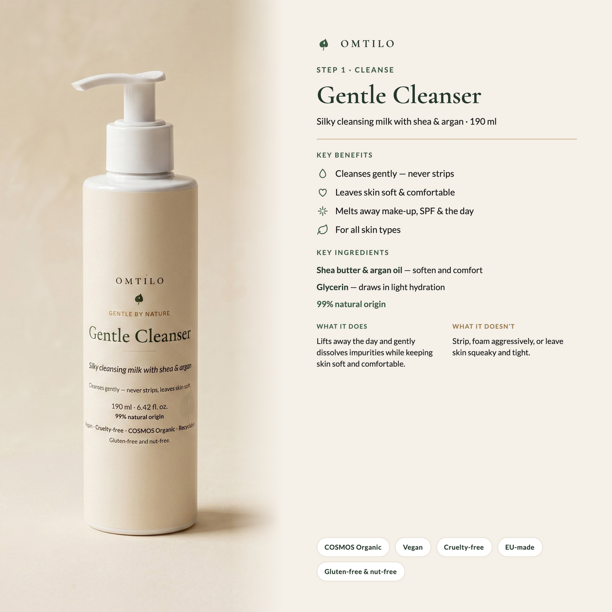 OMTILO Gentle Cleanser — benefits, key ingredients and certifications