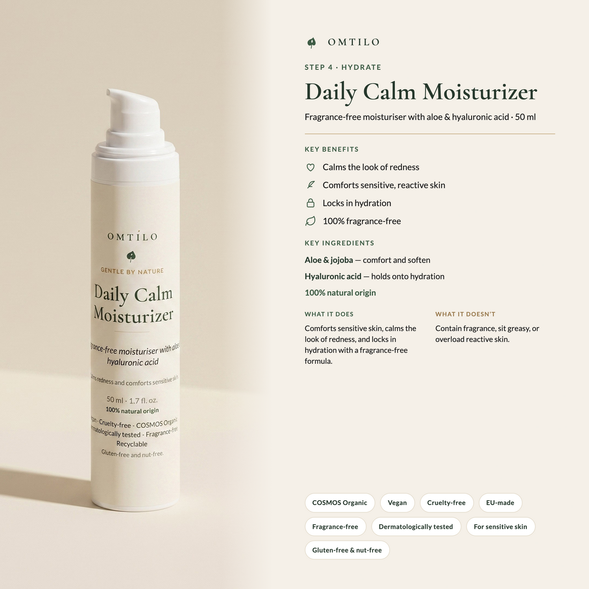 OMTILO Daily Calm Moisturizer — benefits, key ingredients and certifications