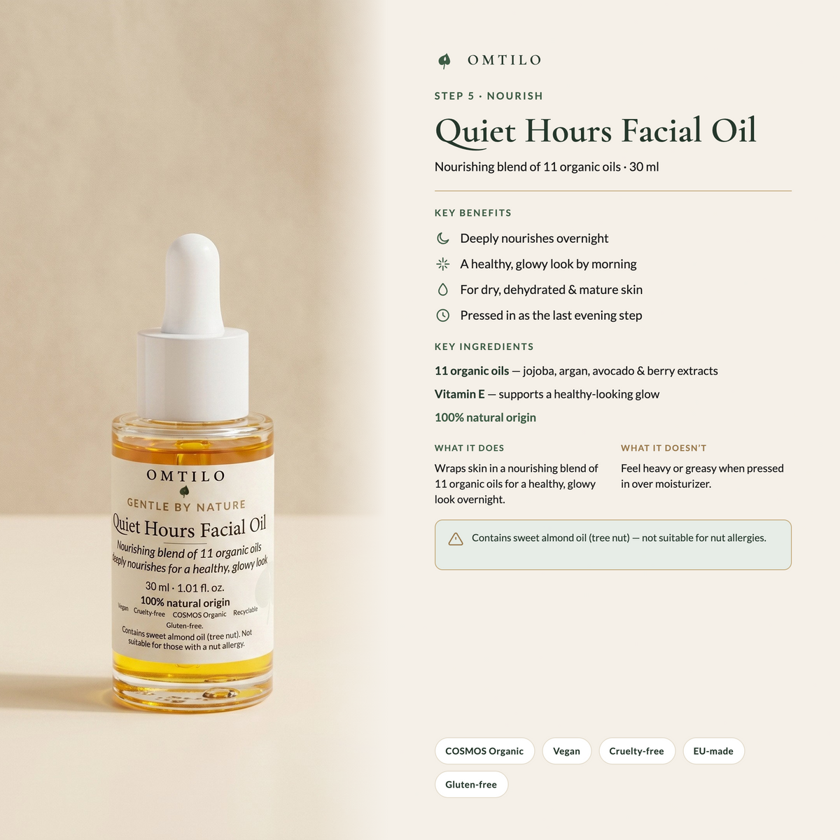 OMTILO Quiet Hours Facial Oil — benefits, key ingredients and certifications