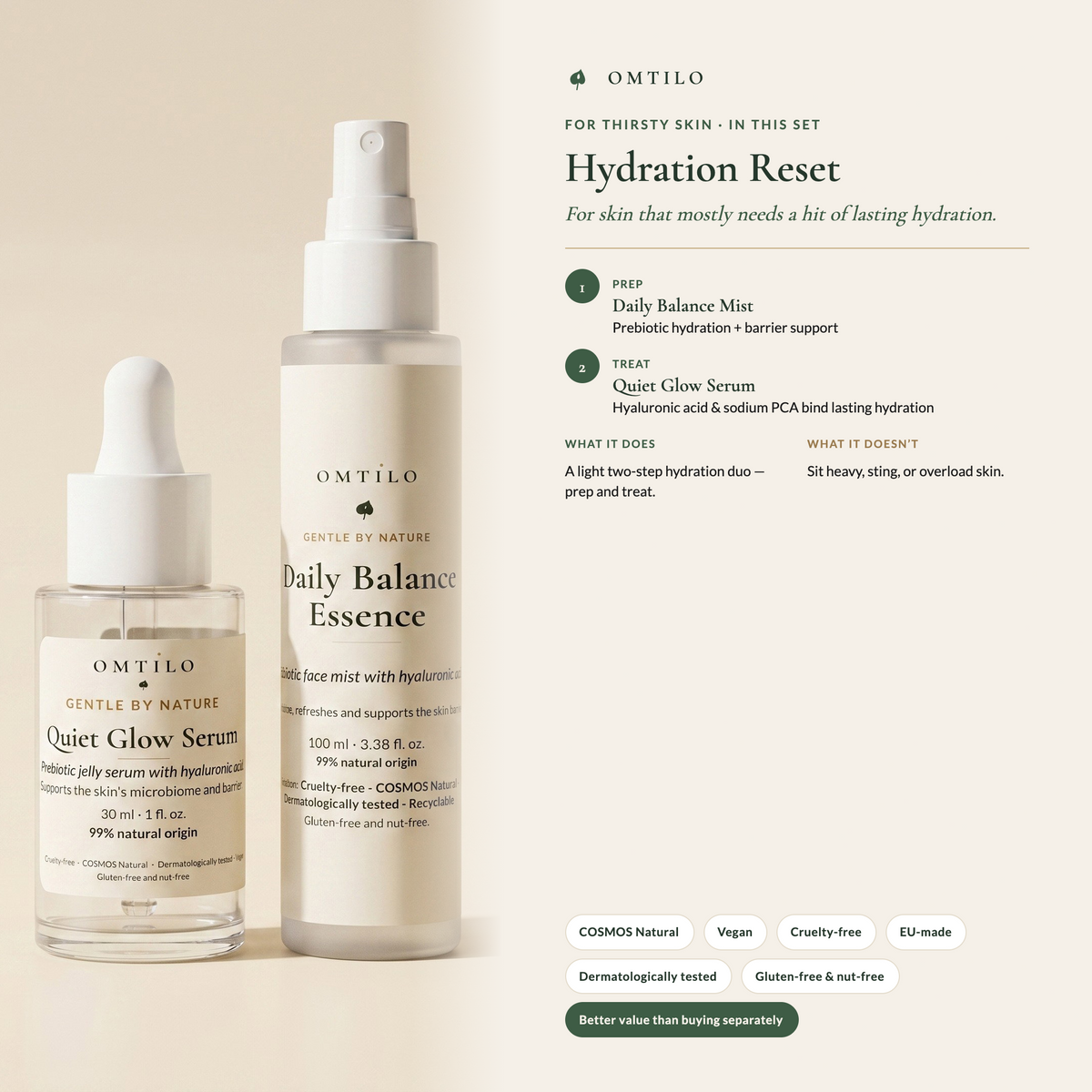 OMTILO Hydration Reset set — two-step hydration duo, benefits and certifications