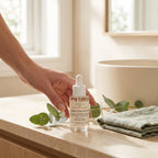 Quiet Glow Serum in hand on vanity