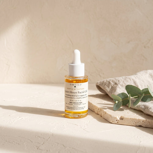 Quiet Hours Facial Oil on travertine with eucalyptus