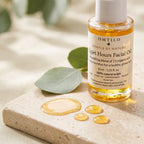 Quiet Hours Facial Oil texture and golden oil droplets